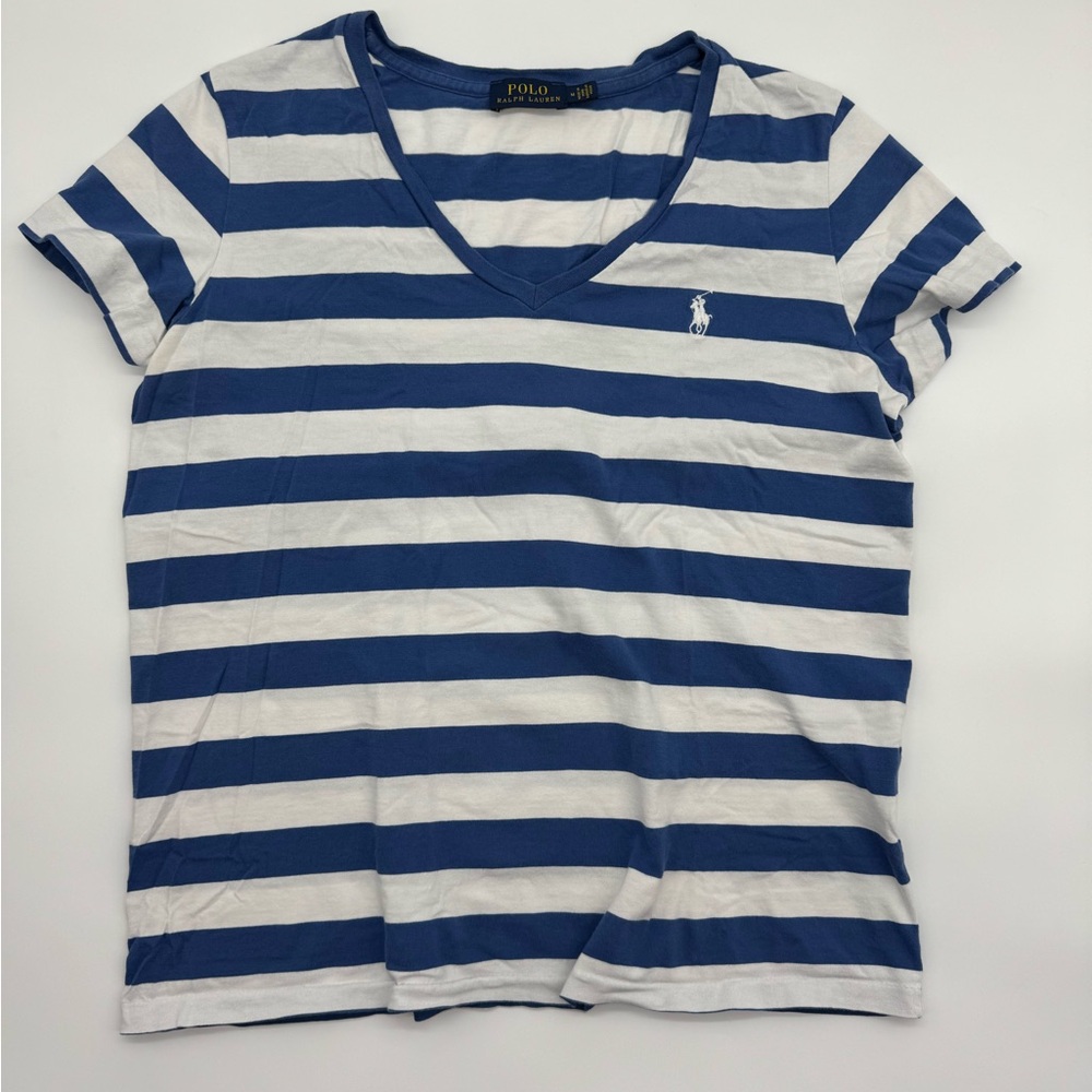 Polo by Ralph Lauren Women's Striped Navy and White‎ Tee, Size Medium